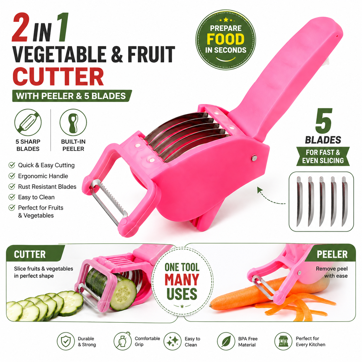 2-in-1 Vegetable & Fruit Cutter – 5 Blades