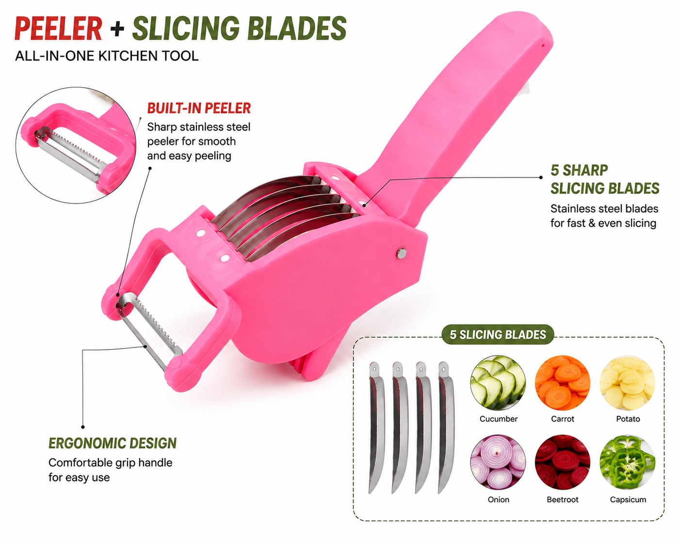 2-in-1 Vegetable & Fruit Cutter – 5 Blades
