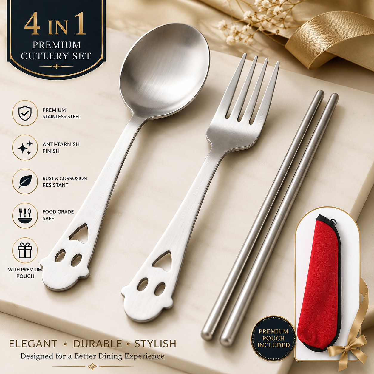 4PCS Travel Cutlery Set with Pouch