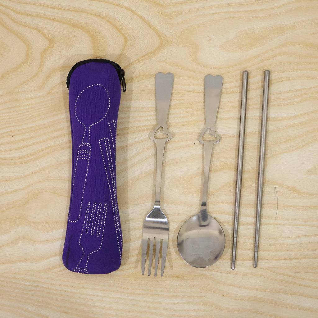 Portable Stainless Steel Cutlery Set With Spoon Fork Chopsticks Pouch (4 Pc Set)